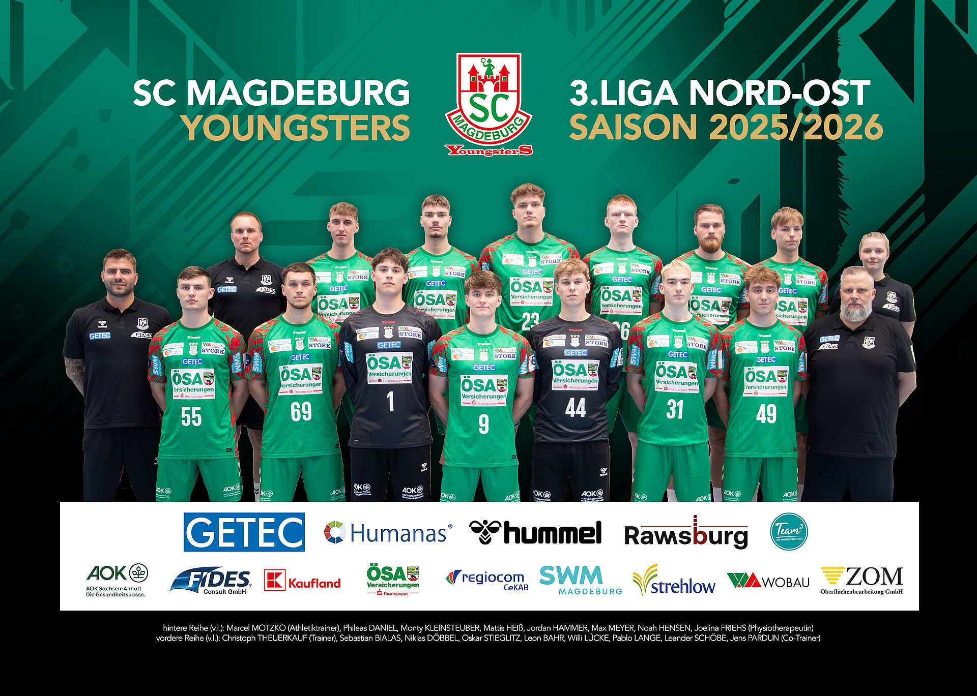 Poster von unseren SCM YoungsterS, 3. Liga Nord-Ost in der Saison 2025/2026, gesponsert durch GETEC, Humanas, hummel, Rawsburg, Team3, AOK Sachsen-Anhalt, FIDES, Kaufland, ÖSA, regiocom GeKab, SWM, strehlow, Wobau und ZOM