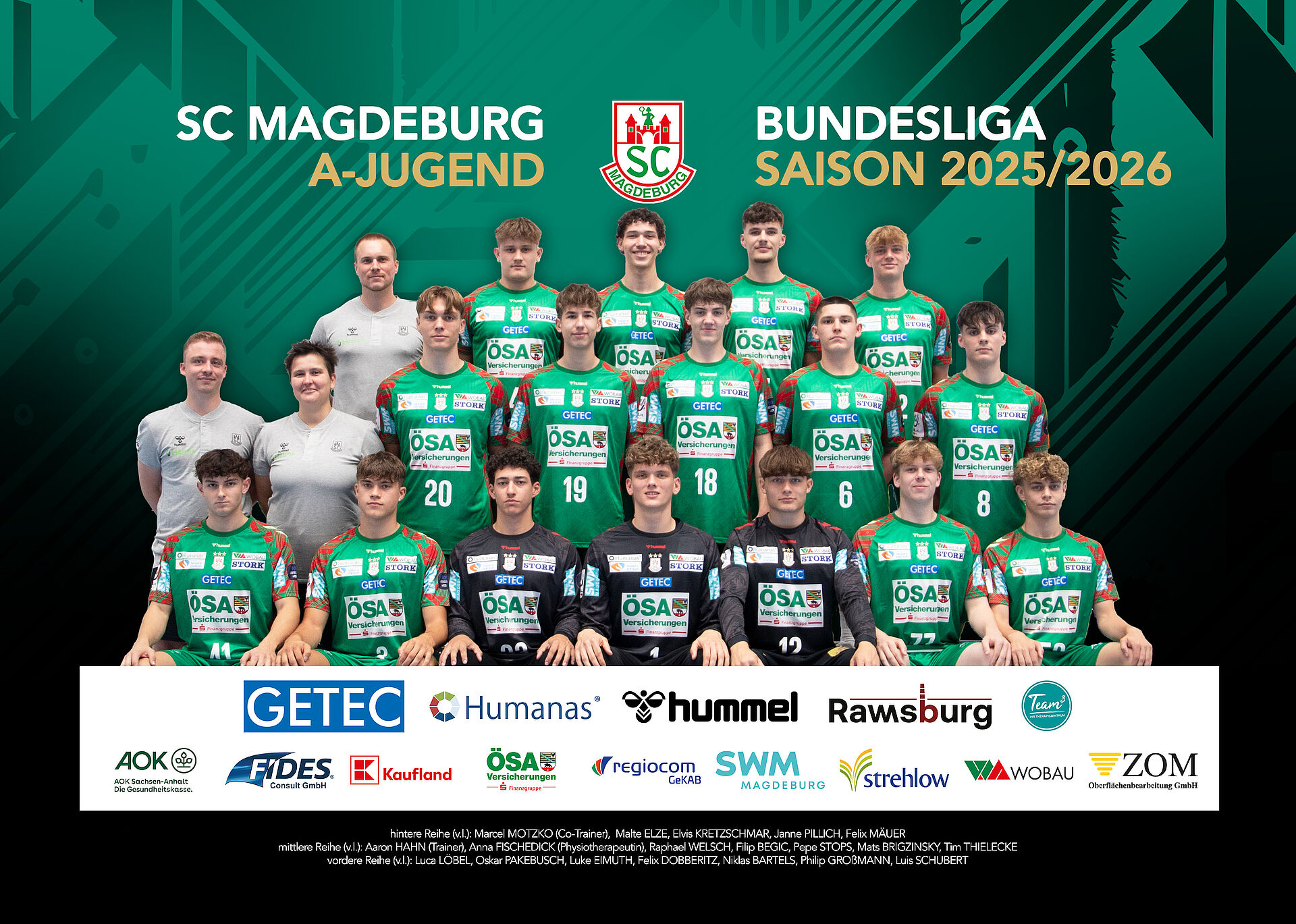Poster von unserer SCM A-Jugend, Bundesliga in der Saison 2025/2026, gesponsert durch GETEC, Humanas, hummel, Rawsburg, Team3, AOK Sachsen-Anhalt, FIDES, Kaufland, ÖSA, regiocom GeKab, SWM, strehlow, Wobau und ZOM