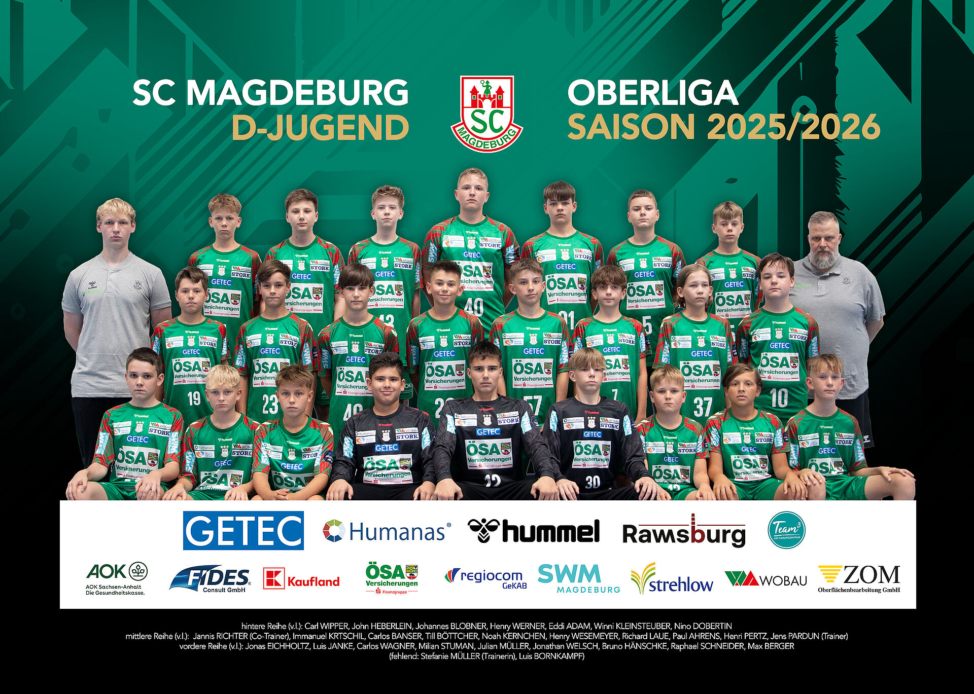 Poster von unserer SCM D-Jugend, Oberliga in der Saison 2025/2026, gesponsert durch GETEC, Humanas, hummel, Rawsburg, Team3, AOK Sachsen-Anhalt, FIDES, Kaufland, ÖSA, regiocom GeKab, SWM, strehlow, Wobau und ZOM